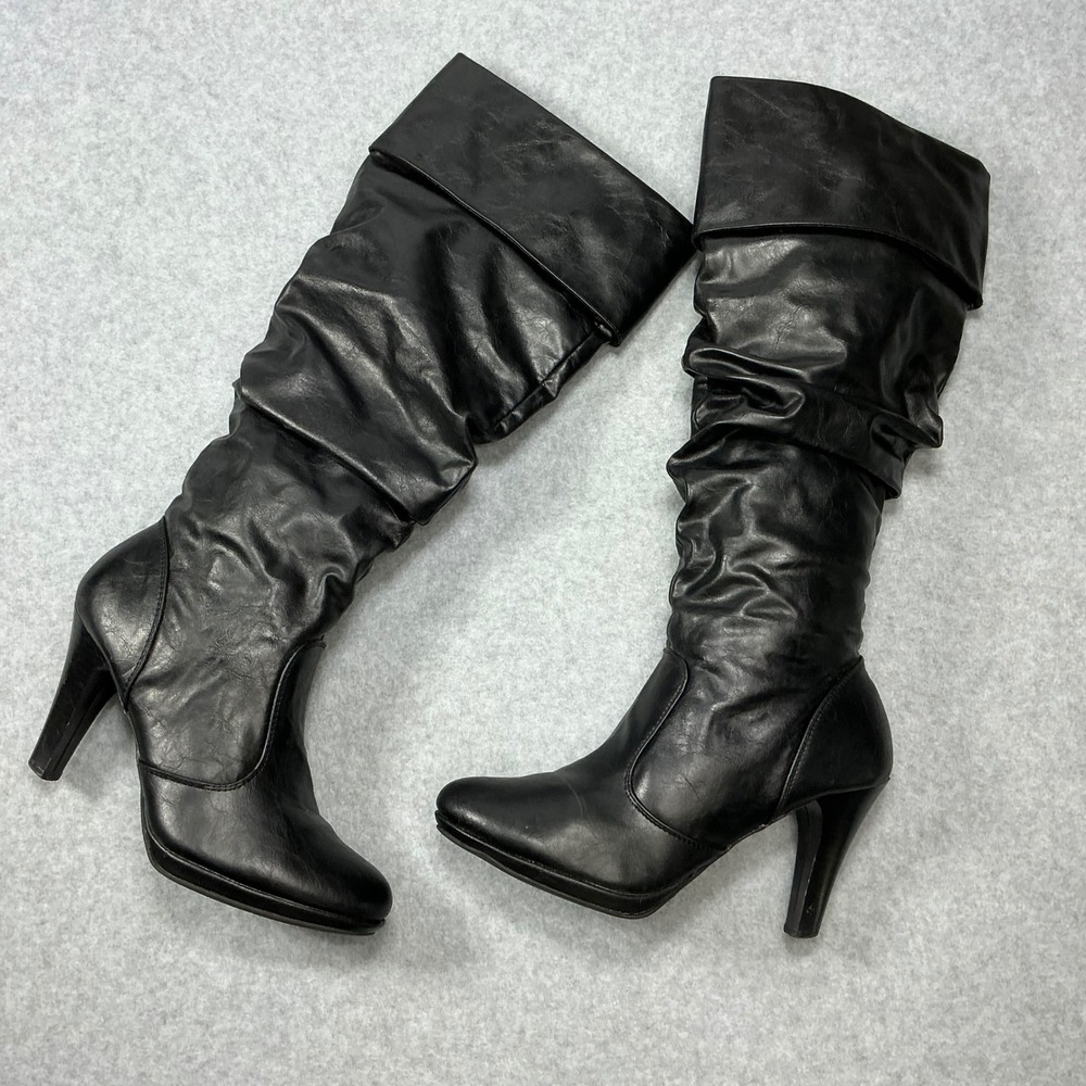Susan Black Faux Leather Slouchy Tall Boots Fold Over Cuff Stiletto Heel 8.5M
